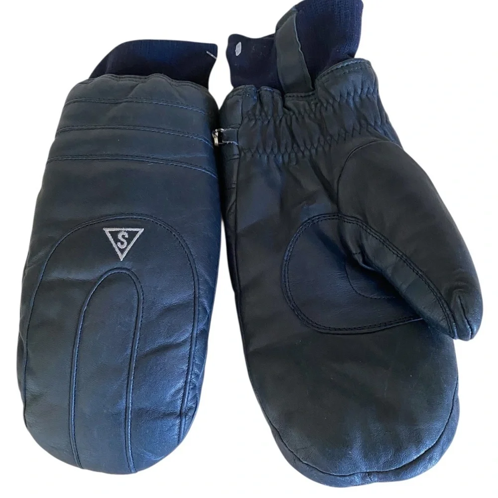 VINTAGE SARAMAC INSULATED BLUE LEATHER SKI MITTENS. One Size Fits up to Size XL